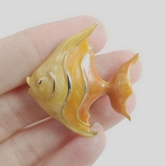 Vintage Jewelry - Vintage Orange Yellow Enamel Angel Fish Shape Brooch, Retro Animal Lapel Pin